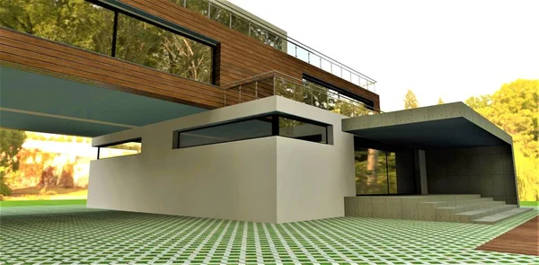 Portico Cemento Elegante Casa Suburbana Elite Attraverso Arco Fino Cortile — Foto Stock