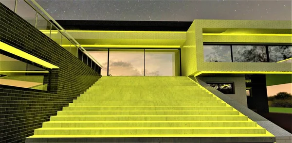 Iluminação Noturna Uma Escada Concreto Com Luz Amarela Parece Legal — Fotografia de Stock