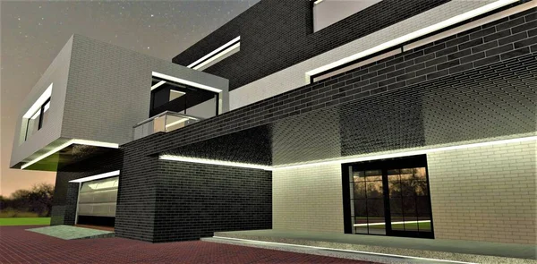 Esclusiva Illuminazione Notturna Del Portico Garage Una Tenuta Privata Elite — Foto Stock