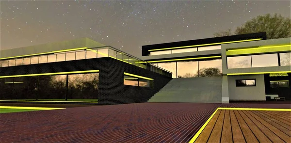 Nocne Oświetlenie Elewacji Futurystycznego Elitarnego Domku Żółtym Paskiem Led Gwiazdy — Zdjęcie stockowe