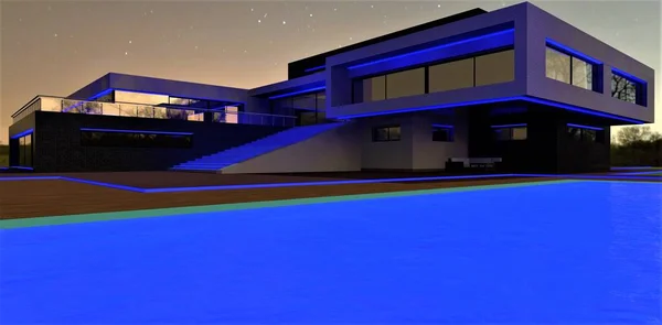 Option Das Zeitgenössische Landhaus Mit Blauen Led Streifen Beleuchten Der — Stockfoto