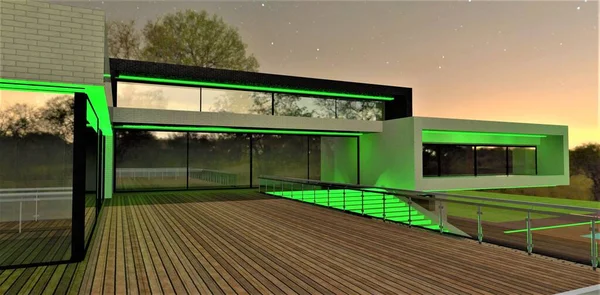 Wooden Open Air Terrace Contemporary Suburban Estate Green Illumination Stairs — Stock Photo, Image