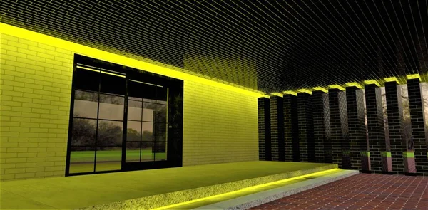 Uma Combinação Bem Sucedida Iluminação Amarela Decoração Parede Alpendre Com — Fotografia de Stock