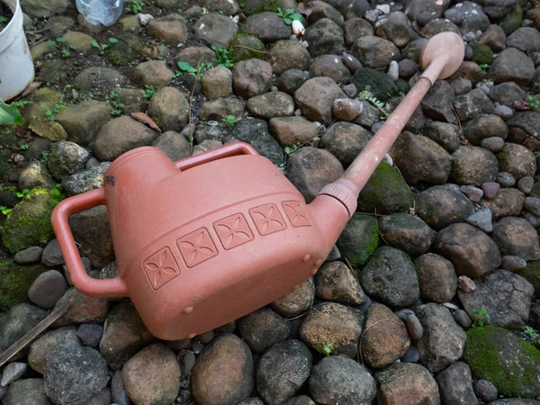 Orange Watering Can Lying Garden — Fotografia de Stock