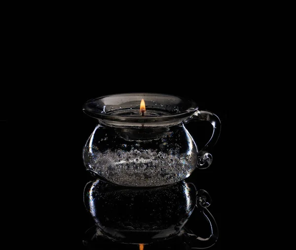 Burning Candle Floats Vase Filled Water Gas Bubbles Black Background — Stock Fotó