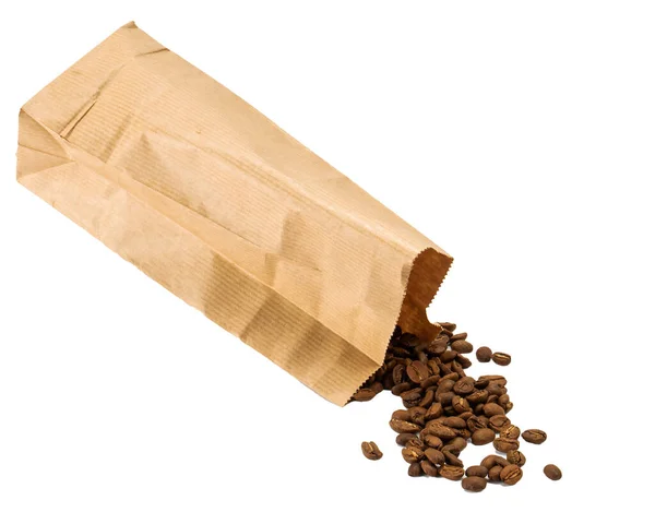 Coffee Grains Spill Out Paper Bag Isolate White Background — Stock Photo, Image