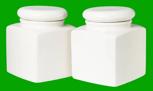 Two White Ceramic Jars Food Storage Kitchen Isolate Green Background — Stock Photo, Image