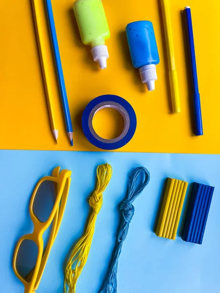 Different items in blue and yellow colors