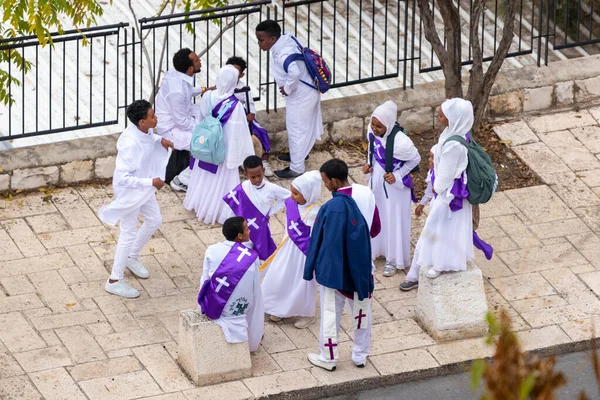 Иерусалим Израиль Ноября 2020 Года Эфиопы Христиане Отдыхают Веселятся Улице — стоковое фото