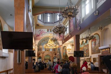 Bethlehem, Israel, December 25, 2021 : The interior of the St. Marys Syriac Orthodox Church in Bethlehem in the Palestinian Authority, Israel