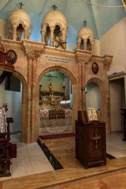 Bethlehem, Israel, December 25, 2021 : The interior of the St. Marys Syriac Orthodox Church in Bethlehem in the Palestinian Authority, Israel