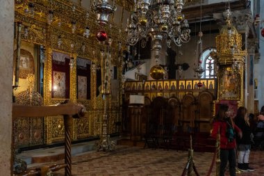 Bethlehem, Israel, December 25, 2021 : The interior of the main hall of the Church of Nativity in Bethlehem in the Palestinian Authority, Israel