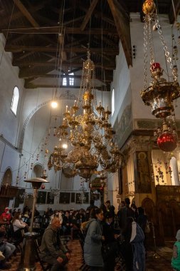 Bethlehem, Israel, December 25, 2021 : The interior of the main hall of the Church of Nativity in Bethlehem in the Palestinian Authority, Israel