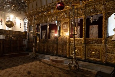 Bethlehem, Israel, December 25, 2021 : The interior of the main hall of the Church of Nativity in Bethlehem in the Palestinian Authority, Israel
