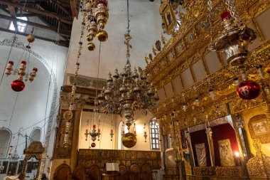 Bethlehem, Israel, December 25, 2021 : The interior of the main hall of the Church of Nativity in Bethlehem in the Palestinian Authority, Israel
