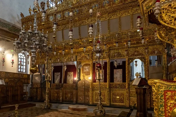 Bethlehem, Israel, December 25, 2021 : The interior of the main hall of the Church of Nativity in Bethlehem in the Palestinian Authority, Israel