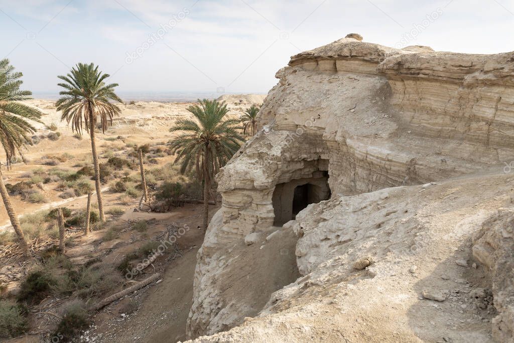 The caves of the hermits are located near the Deir Hijleh Monastery - Monastery of Gerasim of Jordan in the Judean Desert in Israel