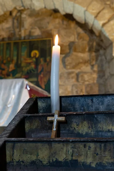 Nazareth Israel February 2022 Lit Candle Small Wooden Crucifix Church — Stock Photo, Image