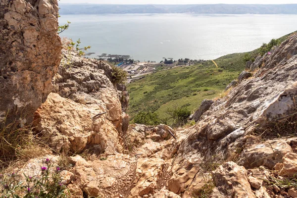 アルベル山から隣接する谷やキンネレ湖沿岸の村への眺め ガリラヤ湖 ティベリヤ市の近く イスラエル北部 — ストック写真