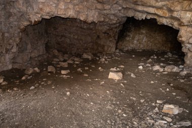 The remains of the buildings of the ancient settlement on Mount Arbel, located on the coast of Lake Kinneret - the Sea of Galilee, near the city of Tiberias, in northern Israel