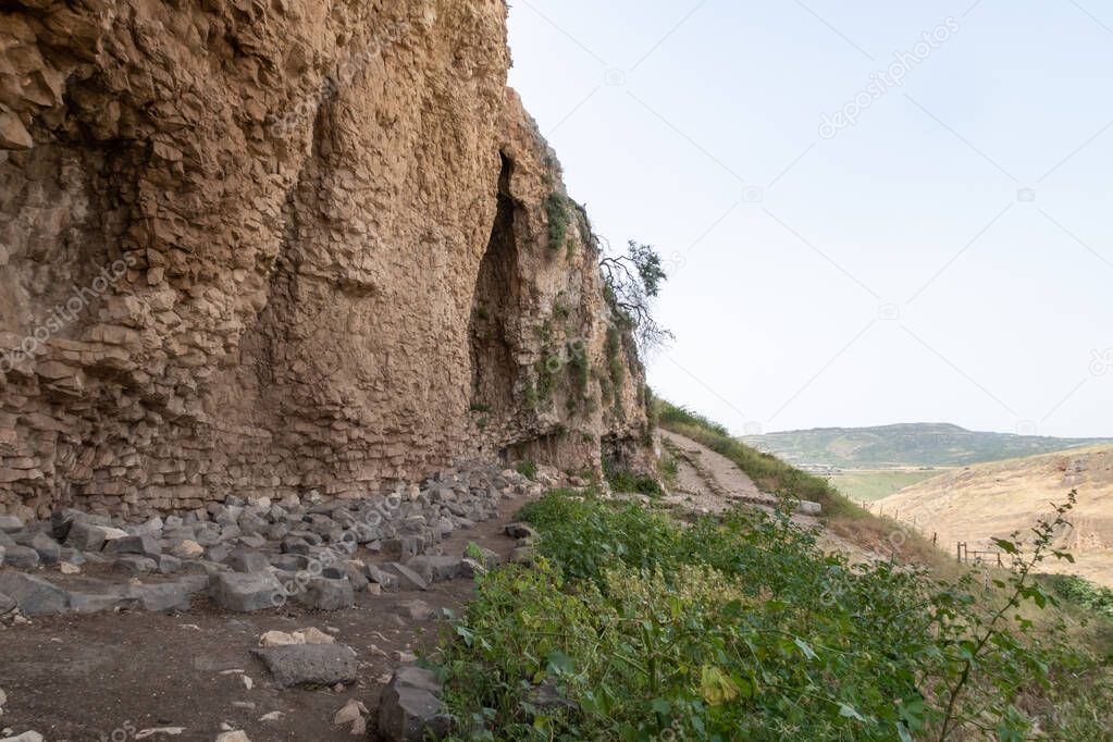 The remains of the buildings of the ancient settlement on Mount Arbel, located on the coast of Lake Kinneret - the Sea of Galilee, near the city of Tiberias, in northern Israel