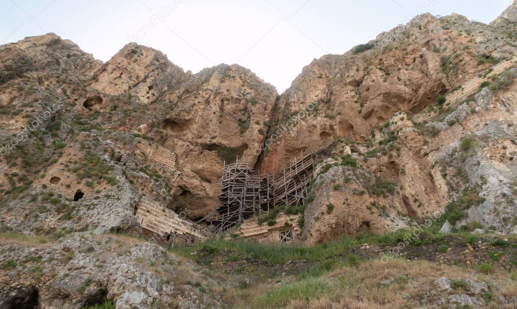 Reconstruction of the old fortress on Mount Arbel, located on the coast of Lake Kinneret - the Sea of Galilee, near the city of Tiberias, in northern Israel