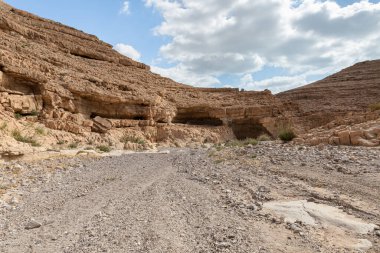Kuru nehir yatağı Khatsatson deresinin yakınındaki taştan çölden geçiyor, İsrail 'deki Kudüs yakınlarında, Ölü Deniz' in İsrail tarafında.