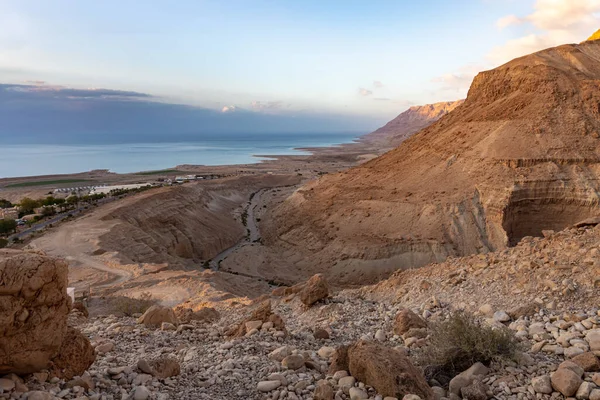 Sunrise Dead Sea Mountains Stone Desert Khatsatson Stream Israeli Side — Stock Photo, Image