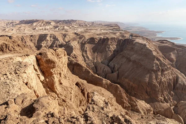 Nascer Sol Sobre Mar Morto Perto Montanhas Deserto Pedra Perto — Fotografia de Stock