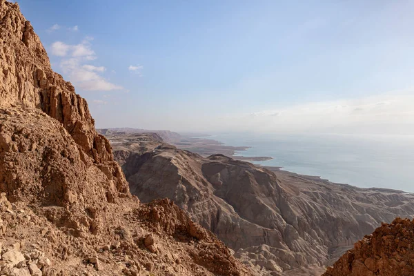 Nascer Sol Sobre Mar Morto Perto Montanhas Deserto Pedra Perto — Fotografia de Stock