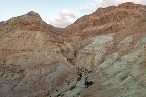 Vista Alvorecer Montanhas Deserto Pedra Perto Córrego Khatsatson Lado Israelense — Fotografia de Stock