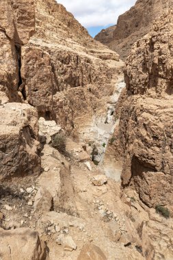 Kuru nehir yatağı Khatsatson deresinin yakınındaki taştan çölden geçiyor, İsrail 'deki Kudüs yakınlarında, Ölü Deniz' in İsrail tarafında.