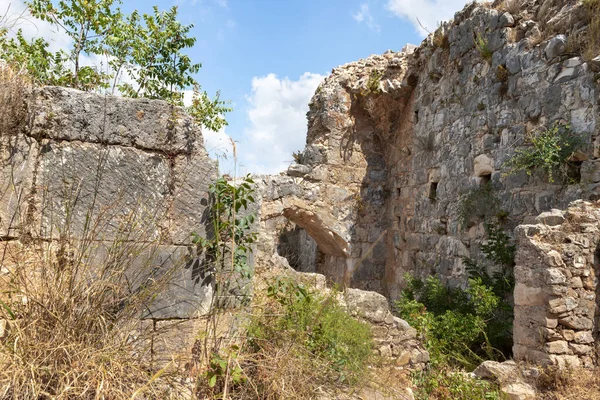 Ruins Monfort Fortress Located High Hill Overgrown Forest Far Shlomi — Stockfoto