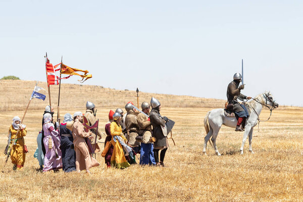 Tiberias, Israel, July 01, 2022 : Participants in the reconstruction of Horns of Hattin battle in 1187 participate in the battle on the battlefield near Tiberias, Israel