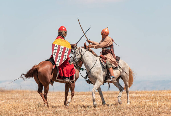 Tiberias, Israel, July 01, 2022 : Participants in the reconstruction of Horns of Hattin battle in 1187 participate in the battle on the battlefield near Tiberias, Israel