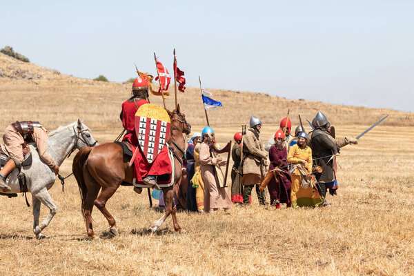 Tiberias, Israel, July 01, 2022 : Participants in the reconstruction of Horns of Hattin battle in 1187 participate in the battle on the battlefield near Tiberias, Israel
