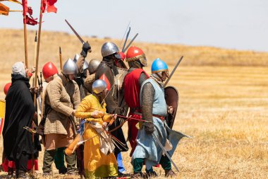 Tiberias, Israel, July 01, 2022 : Participants in the reconstruction of Horns of Hattin battle in 1187 participate in the battle on the battlefield near Tiberias, Israel