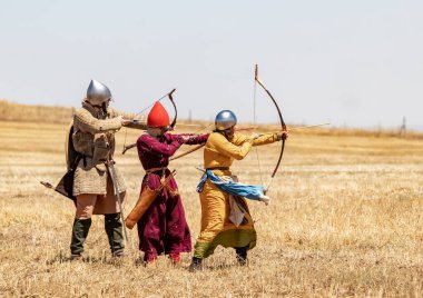 Tiberias, Israel, July 01, 2022 : Participants in the reconstruction of Horns of Hattin battle in 1187 participate in the battle on the battlefield near Tiberias, Israel