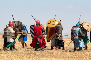 Tiberias, Israel, July 01, 2022 : Participants in the reconstruction of Horns of Hattin battle in 1187 participate in the battle on the battlefield near Tiberias, Israel