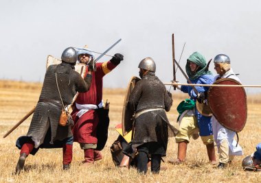 Tiberias, Israel, July 01, 2022 : Participants in the reconstruction of Horns of Hattin battle in 1187 participate in the battle on the battlefield near Tiberias, Israel