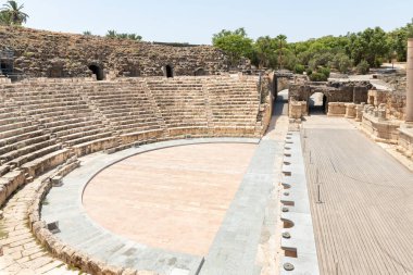 Beit Shean, Israel, August 06, 2022 : The amphitheater on the partially restored ruins of one of the cities of the Decapolis - the ancient Hellenistic city of Scythopolis near Beit Shean city in northern Israel