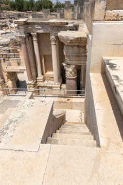Beit Shean, Israel, August 06, 2022 : The amphitheater on the partially restored ruins of one of the cities of the Decapolis - the ancient Hellenistic city of Scythopolis near Beit Shean city in northern Israel
