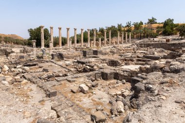 Beit Shean, Israel, August 06, 2022 : Partially restored ruins of one of the cities of the Decapolis - the ancient Hellenistic city of Scythopolis near Beit Shean city in northern Israel