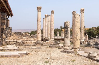 Beit Shean, Israel, August 06, 2022 : Partially restored ruins of one of the cities of the Decapolis - the ancient Hellenistic city of Scythopolis near Beit Shean city in northern Israel
