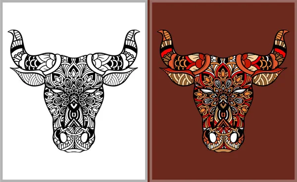 Kleurrijke Bull Hoofd Doodle Kunsten Kleurplaat Bull — Stockvector