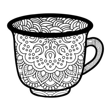 Kahve ya da çay fincanı karalama stili boyama sayfaları.