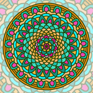 Renkli Mandala arka planı, dekoratif yuvarlak süsler. Alışılmadık bir çiçek şekli. Doğulu vektör, stres önleyici terapi kalıpları. Dokuma tasarımı ögeleri,