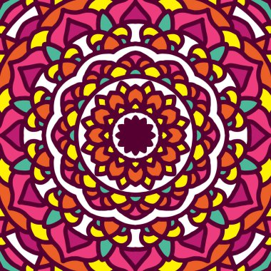 Renkli Mandala arka planı, dekoratif yuvarlak süsler. Alışılmadık bir çiçek şekli. Doğulu vektör, stres önleyici terapi kalıpları. Dokuma tasarımı ögeleri,