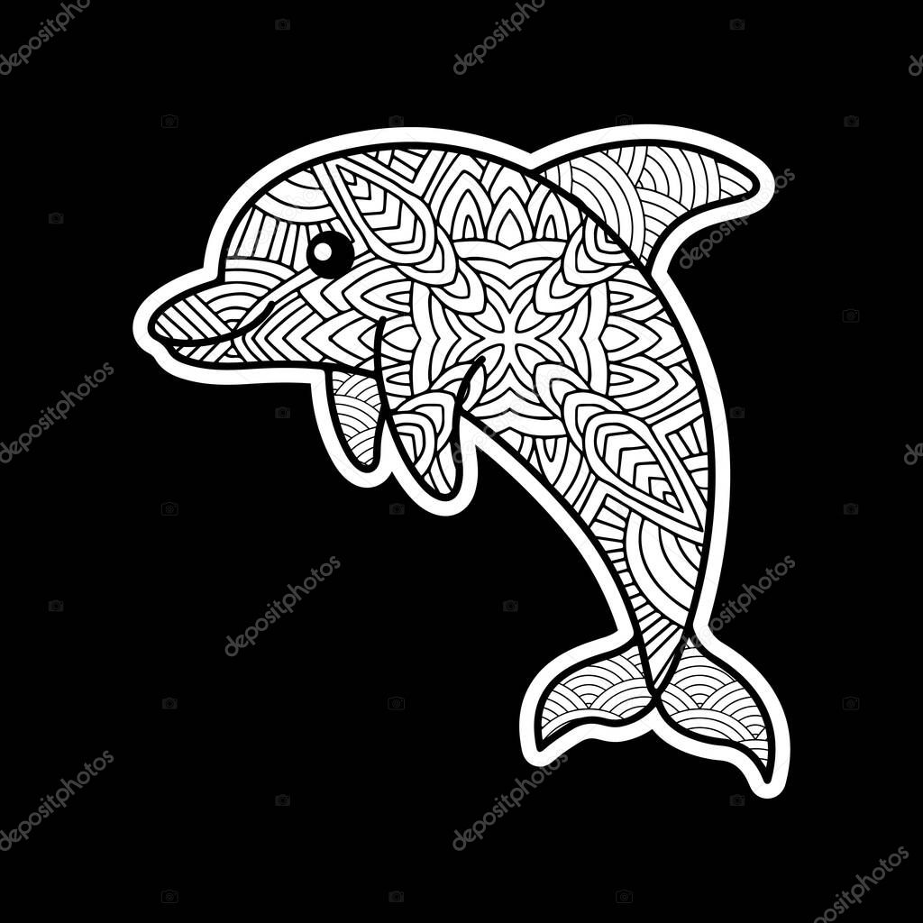Dolphin Vintage decorative elements with mandalas. Hand drawn Dolphin zentangle style