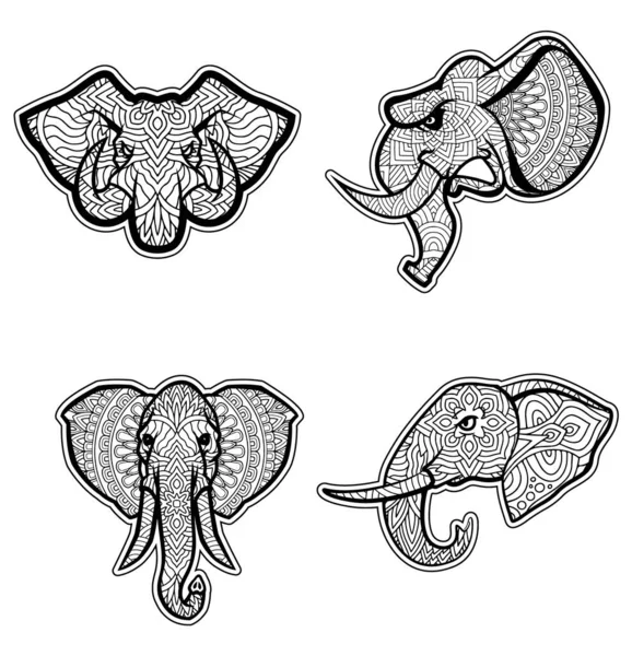 Set Color Floral Mandalas Elephant Vector Illustration Hand Drawn Elephants — 스톡 벡터